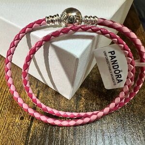 Authentic Pandora , SIZE 23CM, Pink Braided Leather Double Wrap Bracelet